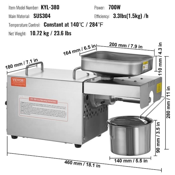 Elektrisk oljepress-VEVOR-140℃ konstant temperatur-700W-oljeextraktor i rostfritt stål