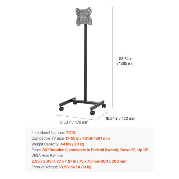 Stöd TV med hjul-VEVOR-för TV/LED/LCD/OLED från 431,8 till 1397 mm-Mobil TV-vagn-Upp till 20 kg