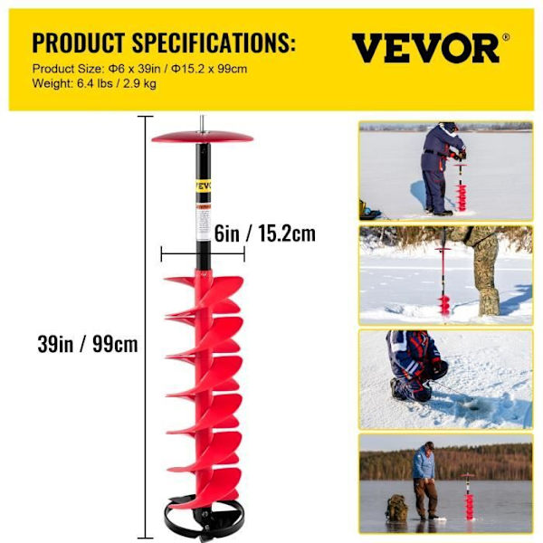 Isskruv-VEVOR-Diameter 15 cm, borr 99 cm - Förlängningsstav 30 cm-borradapter, bladskydd för isfiske
