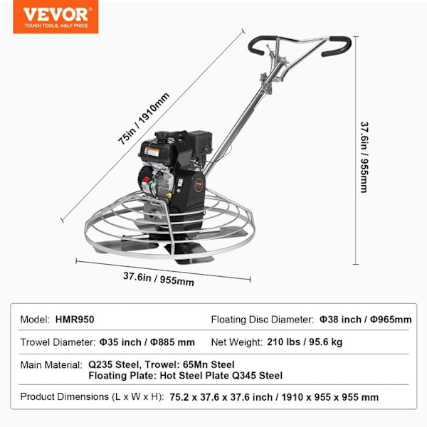 Gasglättare-VEVOR-38" Fristående modell med flytande bricka-för efterbehandling slät betong-orange