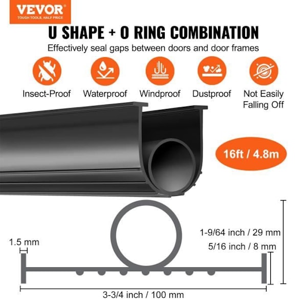 Gummitätning för Garageport - VEVOR - Tång för Garageport Gummitätning 4,8 m Lager