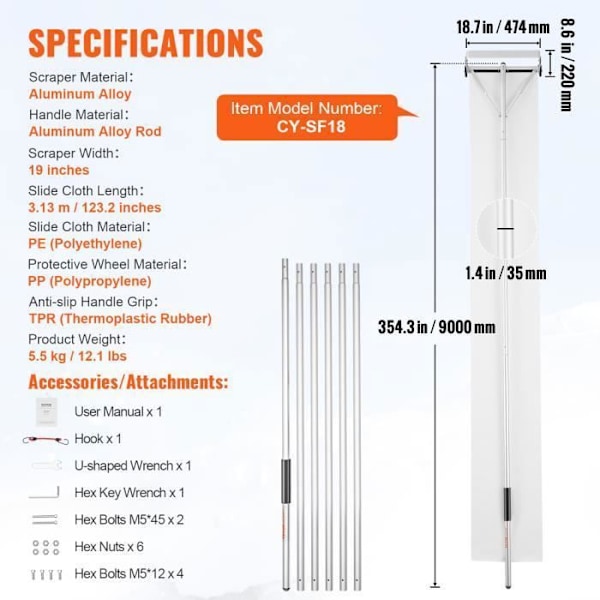 Taksnöräfsa - VEVOR - Snöröjningsräfsa i aluminium Räckvidd 9 m Glidtyg 47,4 cm