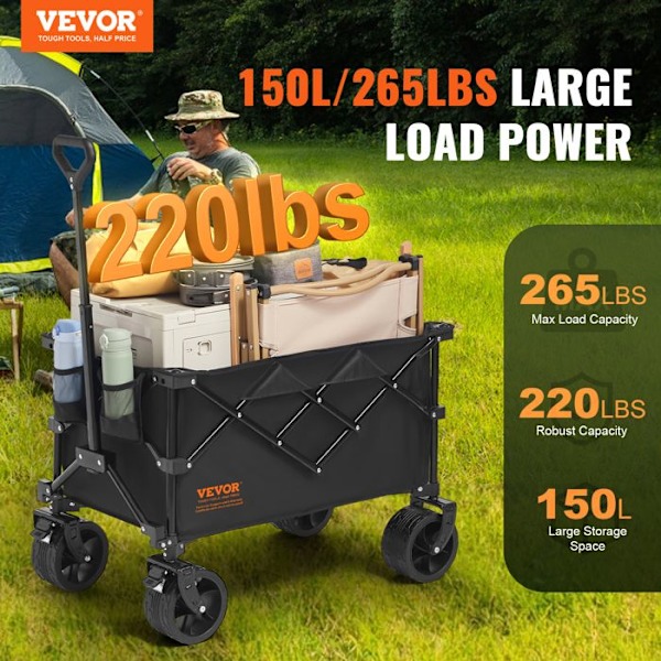 Vikbar kundvagn-VEVOR-890 x 540 x 1080 mm-All Terrain Wheels, Dryckeshållare, Heavy Duty Sports Cart-för camping, Shopping