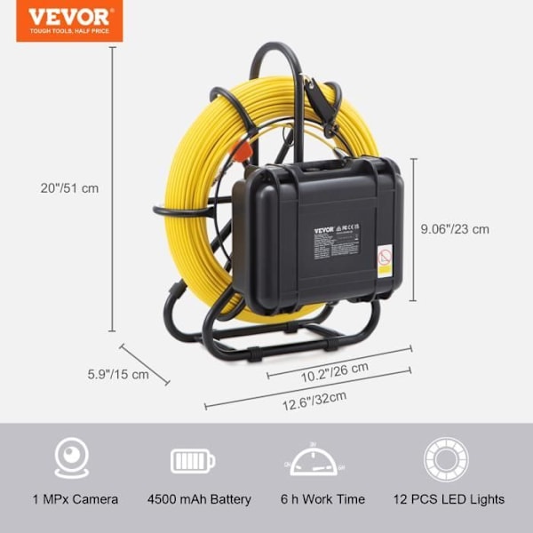 Rörinspektionskamera - VEVOR - Endoskopisk avlopp - 9'' Skärm 91,5 m kabel