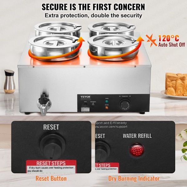 Soup Warmer 4 x 7 L-VEVOR-Elektrisk Soup Station 1500 W-Anti-Dry Burning and Reset Button, Bufférestaurang