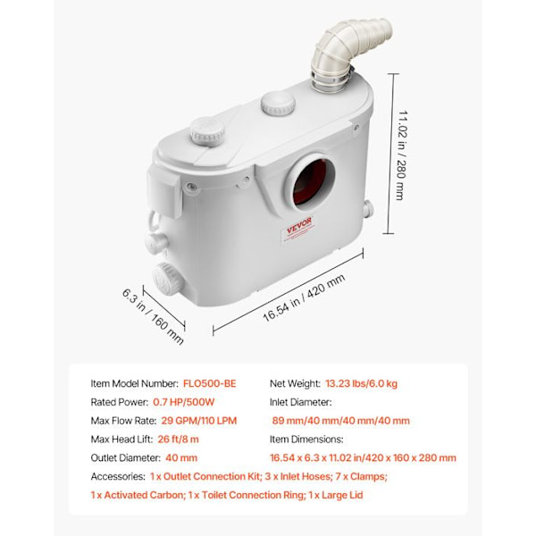 Sanitärkvarn 500 W för WC-VEVOR-med 4 Vatteninlopp, 110 L/min