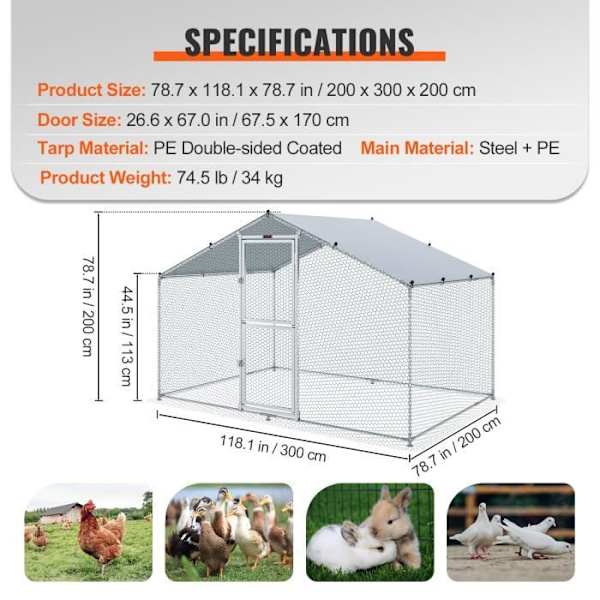 Chicken Run - VEVOR - Stor gåshönslöpa metall vattentät presenning spiktak 20x30x20 m