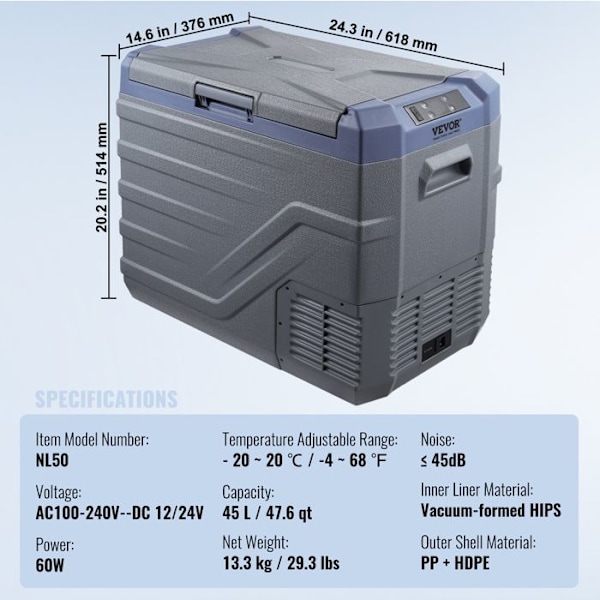 Bärbar Kompressorkylare - VEVOR - 45 L - Mini Kylare för Bil 12/24 V DC och 100-240 V AC - Justerbar Temperatur