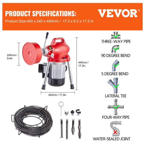 Maskin för röravloppsrensning Sektionell-VEVOR-66FT x 5/8 Tum-Eläventil för avlopp 250W-för rör med en diameter på 1,6" till 4'