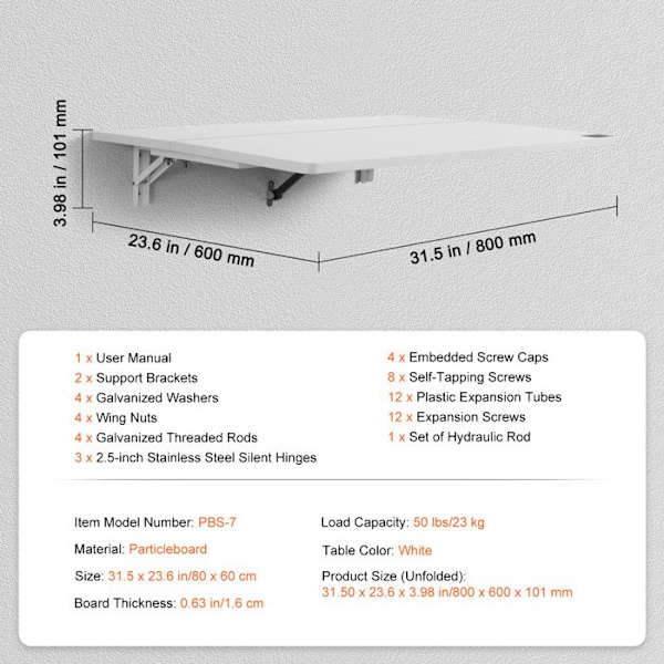 Väggmonterat hopfällbart bord-VEVOR-800 mm x 600 mm-Flytande skrivbord-för små utrymmen, hemmakontor, matsal-Vit