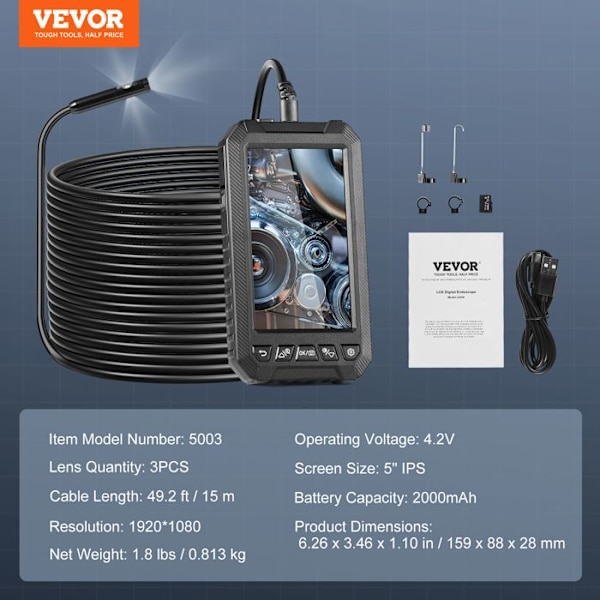Endoskop med tre linser - VEVOR - 15 m halvstyv kabel - för bilinspektion, dränering, rörsystem, VVS