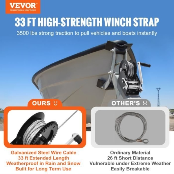 Manuell vinsch - VEVOR - Vevvinsch 1587,5 kg med 10 m stålkabel för båt ATV