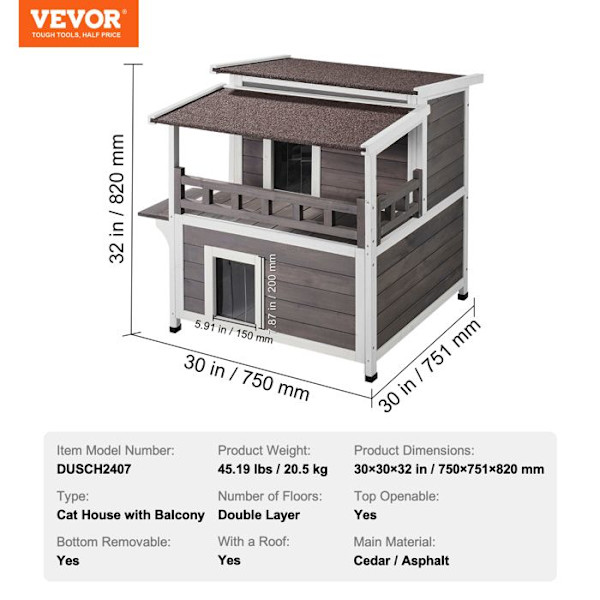 Väderbeständigt utomhus katthus-VEVOR-750x751x820mm-Rymligt tvåvånings träskydd för katter