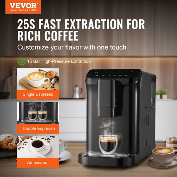 Automatisk espressomaskin-VEVOR-1,5 L-20 bar espressobryggare med mjölkskummare ångmunstycke-15 malningsinställningar