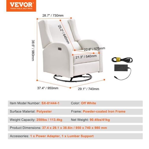 Elektrisk vilstol-VEVOR-Justerbar vinkel mellan 110° och 165°-Belastning 113,4 kg-Polyester-Vardagsrum-Sovrum-Ljusgrå