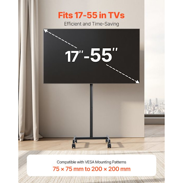 Stöd TV med hjul-VEVOR-för TV/LED/LCD/OLED från 431,8 till 1397 mm-Mobil TV-vagn-Upp till 20 kg