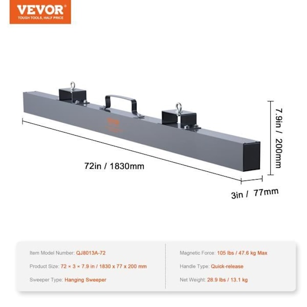 Hängande magnetkvast - VEVOR - 1830 x 77 x 200 mm, magnetisk kraft 47,6 kg, för metallföremål Skrotverkstadsgarage