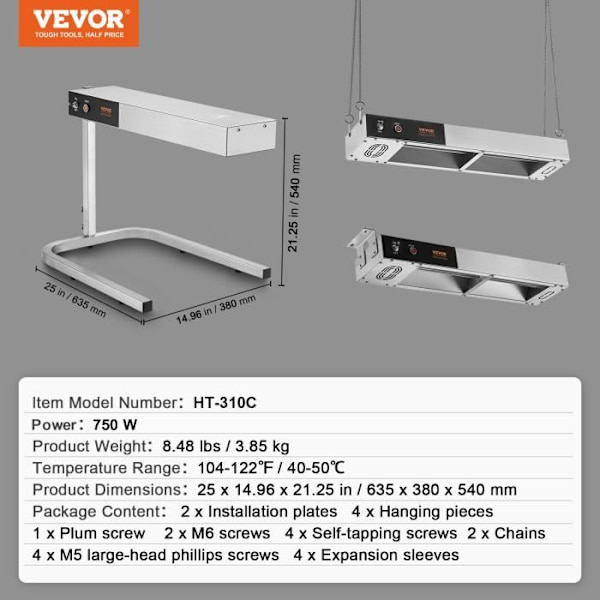 Elektrisk pommes fritesvärmare - VEVOR - 635x380x540 mm, 3,85 kg, 750 W 40-50 ℃, rostfritt stål, för restaurangkök