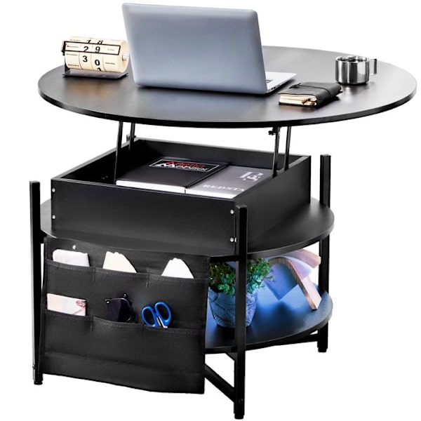 Soffbord med lyftbar skiva - VEVOR - Runt vardagsrumssoffbord med LED - Sidoförvaringspåsar - 90x90x51 cm - Svart Svart