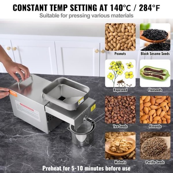 Elektrisk oljepress-VEVOR-140℃ konstant temperatur-700W-oljeextraktor i rostfritt stål
