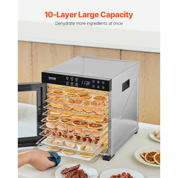 Livsmedelstorkare-VEVOR-10 Brickor-Elstorkare Mat 1000 W-Justerbar Temperatur-24 timmars Timer