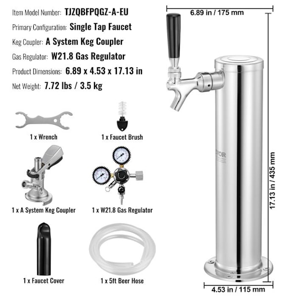 Tretapps ölkolonnesats - VEVOR - 175 x 115 x 435 mm - System A fatkoppling och droppbricka, stång