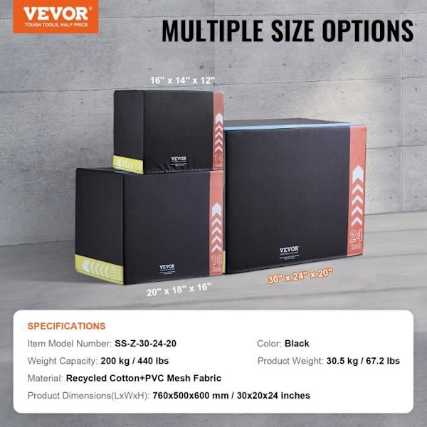 Bodybuilding Jump Box - VEVOR - 500x600x760 mm, 3 i 1, flerskiktsplywood, 76/60/50 cm, svart, 200 kg