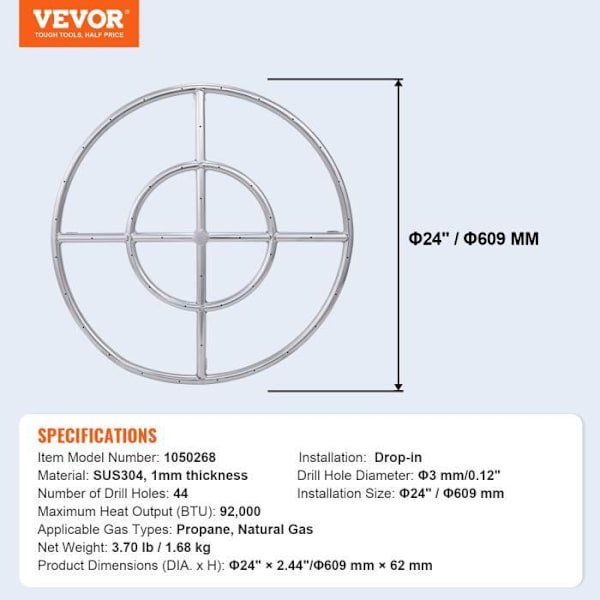 Brännare för brazier - VEVOR - Brazier Burner Rund Inbyggd eldgrop Rostfritt stål 609mm BTU 90000.609 mm × 62 mm