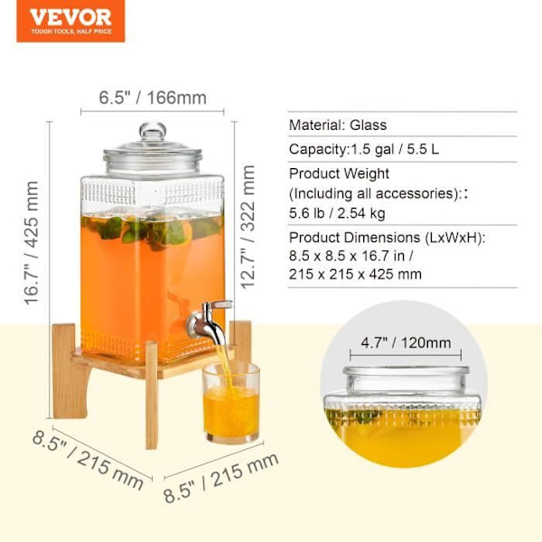 Dryckesautomat - VEVOR - 215 x 215 x 425 mm Kapacitet 5,5 L glas med stativ och kran för hotell, kaféer