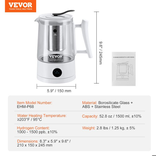 Grande Hydrogenated Water Generator-VEVOR-Rening Hydrogenated Water Device-för att tillaga kaffe eller te, hem, kontor