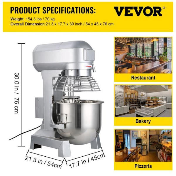 Konditorivaror - VEVOR-30L-1100W - 3 hastigheter - Bas i rostfritt stål - med skyddande mixerstav, visp, visp, krok
