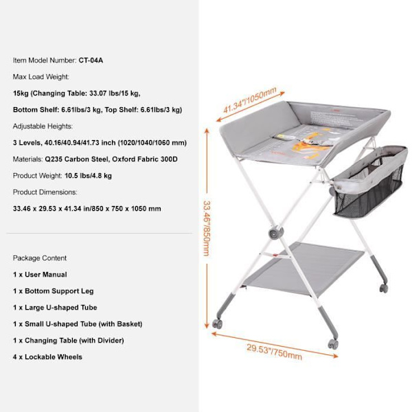 Fällbar Skötbord - VEVOR - Skötmöbel med Låsbar Hjul Max Belastning 15 kg