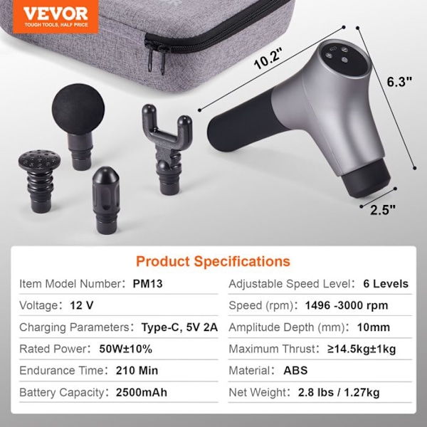 Muskelmassagepistol-VEVOR-260 x 160 x 63 mm-6 hastigheter-för smärtlindring, muskelavslappning