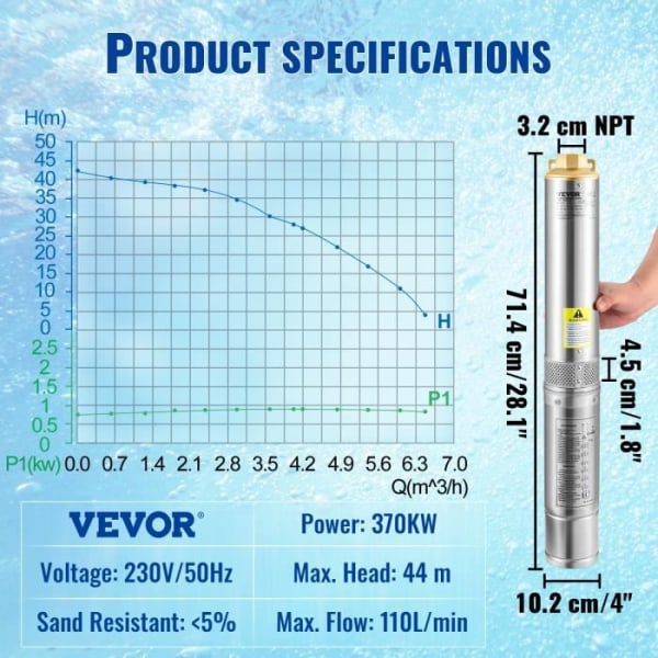 VEVOR 370 W dränkbar djupbrunnspump - Maximalt flöde 110 l/min - Maximalt tryckhöjd 44 m