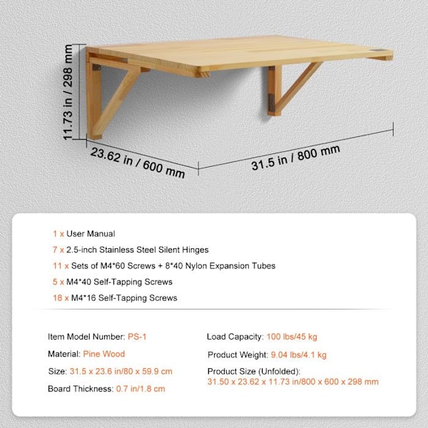 Väggfällbart bord-VEVOR-800 mm x 600 mm-Väggmonterat droppbord med järnstativ-Hemkontor, Matsal, Kök