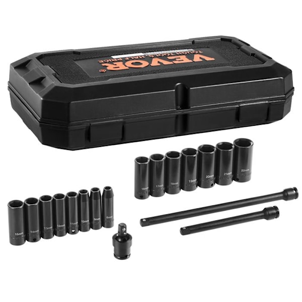 Deep Impact Socket Set - VEVOR - Metrisk 8-22 mm - 18 delar - för fordonsunderhåll, tydliga markeringar