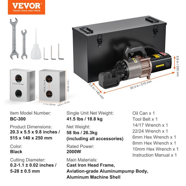Bärbar elektrisk hydraulisk armeringsskärare-VEVOR-2000W högeffektstål armeringsverktyg-svart