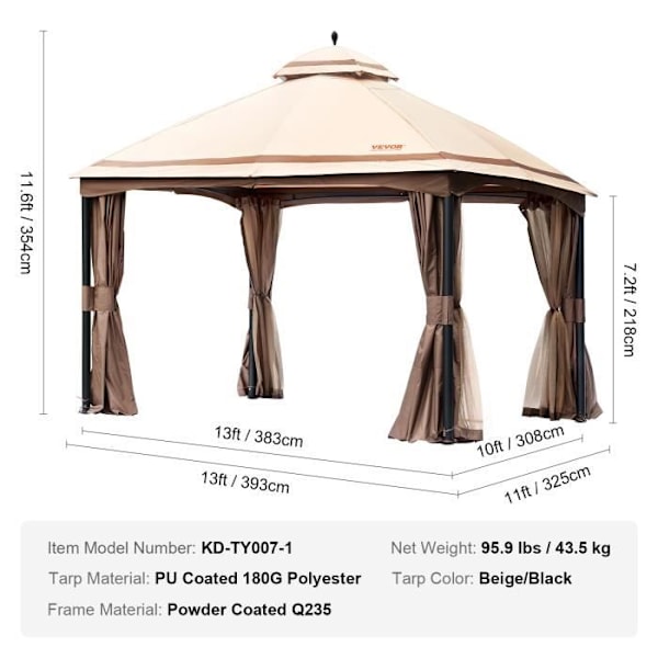 Trädgårdslusthus - VEVOR - 383x383 cm för 10-12 personer med myggnät, PU-beläggning, utomhusskydd för gräsmatta, hem