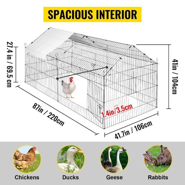 VEVOR Chicken Coop Penna Voljär för smådjur Metallic 220x106x104 cm
