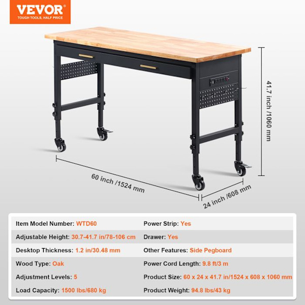 1524 mm justerbar arbetsbänk - VEVOR - Arbetsbord med lådförvaring - Last 680 kg - för garage, verkstad, kontor och hem