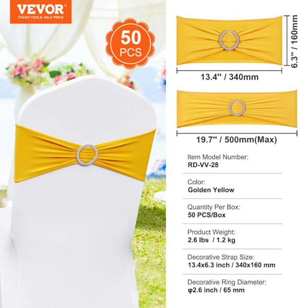 Stretch Spandex stolsbåge med rosett-VEVOR-340 x 160 mm-för bröllop-firande stol dekoration-guld