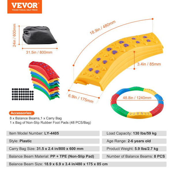 Balansbalkar för småbarn-VEVOR-8PCS-Texturerad halkfri yta, gummikuddar, koordinationsspel