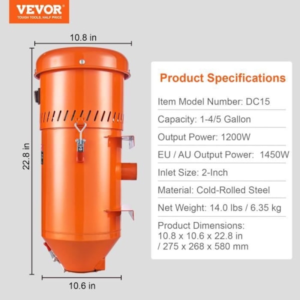 Dammuppsamlingssystem - VEVOR-1450W, dammuppsamlare, med 1,8 gallon kapacitet - för sandblästringsskåp