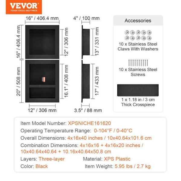 Inbyggd duschnisch - VEVOR - Väggmonterad duschnisch 40,6x40,6/40,6x50,8 cm 3 Badrumshyllor
