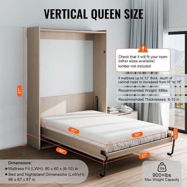 Murphy Bed Hardware Kit-VEVOR-Load 31 kg-2185 x 1700 x 2210 mm-för hopfällbar garderob Väggsäng för sovrum Svart