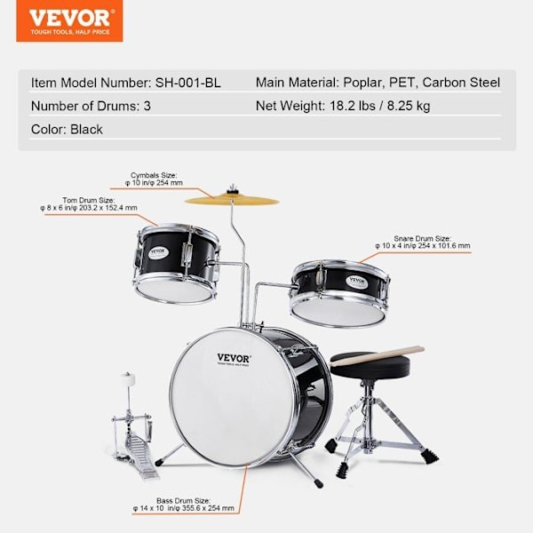 Trumset för barn - VEVOR - 3 st 355 mm trumset för nybörjare för barn med sits, med 203 mm Tom, svart