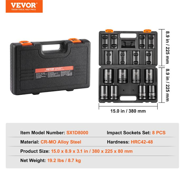 1" Deep Impact Socket Set Metrisk 27-41 mm-VEVOR-8PCs Spärrnyckelsats - för bilreparation, verkstad