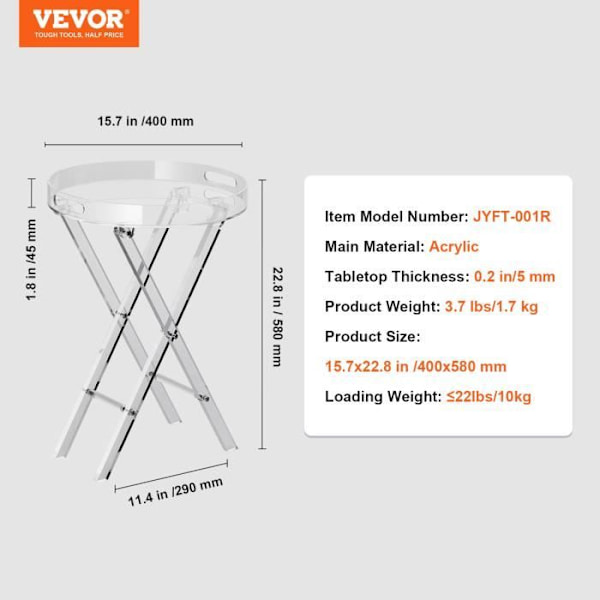 Akrylbord - VEVOR - 400x400x580 mm, maxlast 10 kg, hopfällbart, För sängbord, vardagsrum, sovrum, balkong