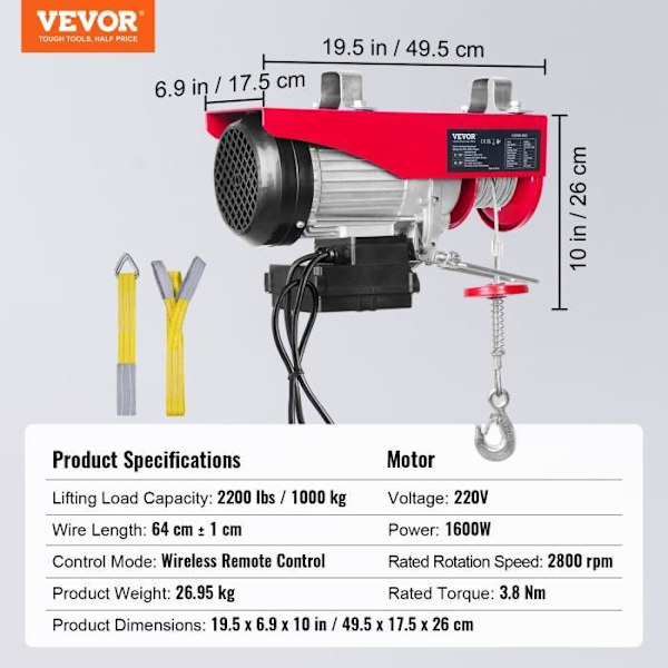 Ellyftvinsch 1000 KG - VEVOR - Kabellyft 1600 W Vinschlyft 10 m/min + Trådlös fjärrkontroll
