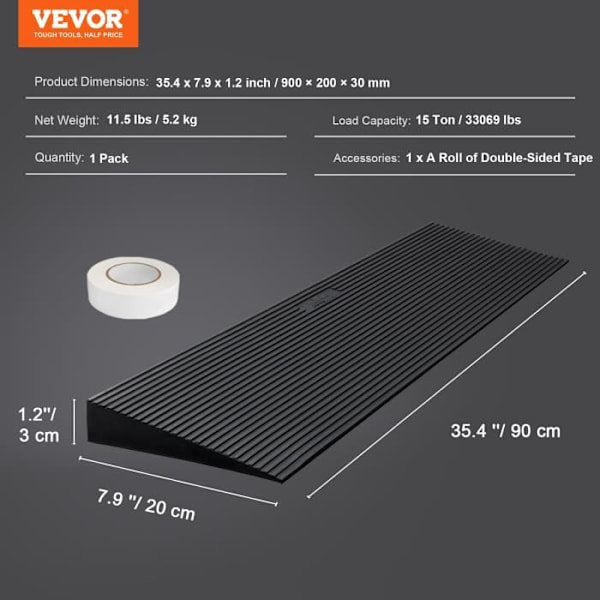 VEVOR Klippbar gummitröskelramp för rullstolar 90x3 cm 15 t